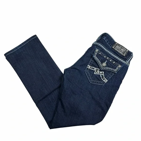 Miss Me Dark Wash Low Rise Studded Embroidered Easy Straight Jeans - Size 27 - Picture 2 of 14